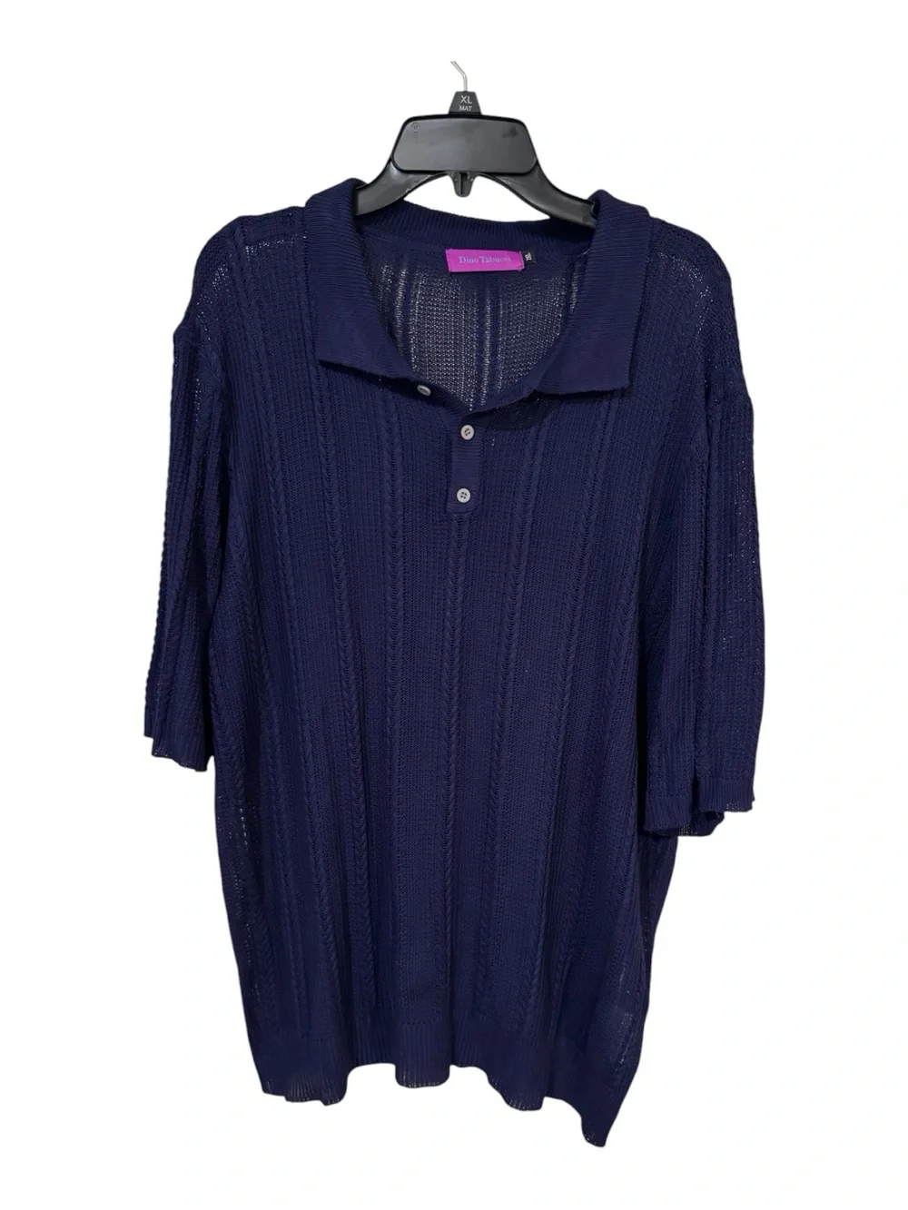 Dino Tabucci 2XL Navy Blue Rib Knit Polo Shirt Retro Open Knit Short Sleeve